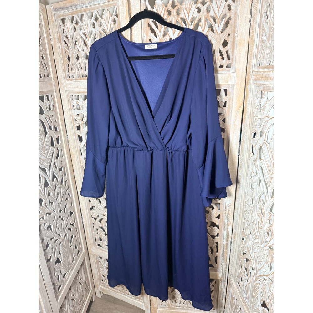 Kiyonna Navy Blue Wrap V-Neck Bell Sleeve Mid-Calf Dress Plus Size 2X USA Made